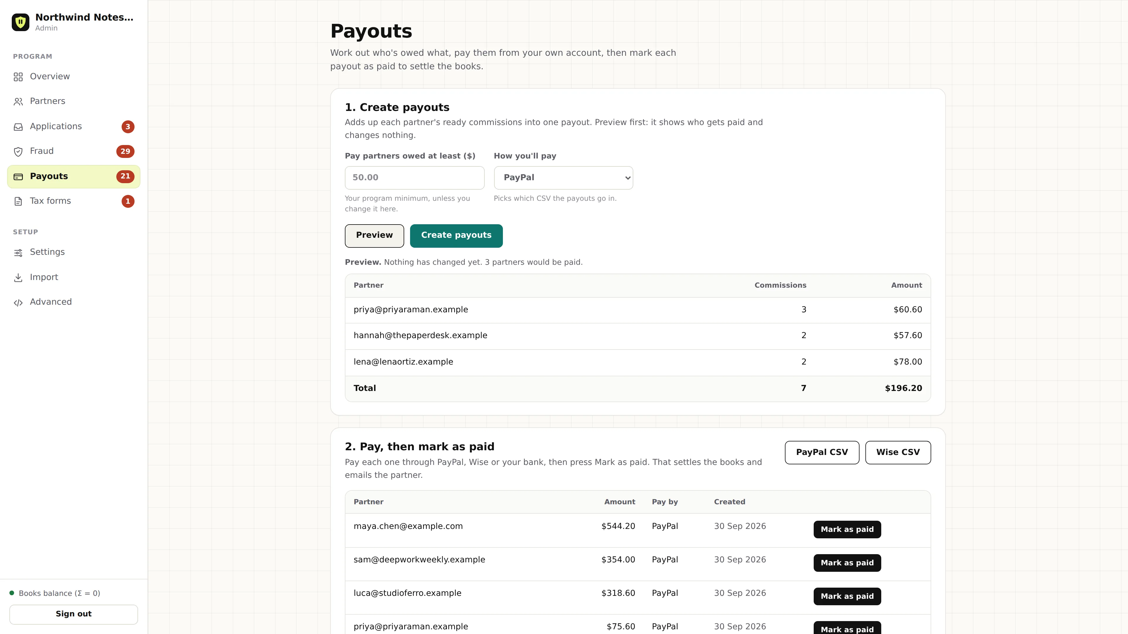 Payouts page on demo data: a preview listing the 3 partners owed at least $50, with commission count, amount and total, above the payouts waiting to be marked as paid.
